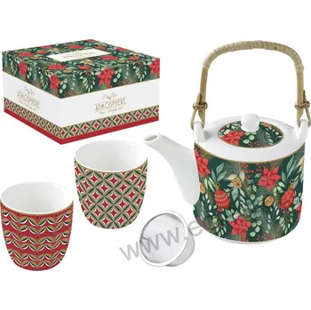 Konvice na čaj Easy Life CHRISTMAS JOY porcelánový čajový set: konvice a kelímky vánoční růže, cesmína a ozdoby *ATMOSPHERE* 600ml + 2x160ml