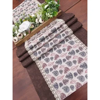 ubrus Běhoun podzimní - šišky na béžové lemované hnědým mramorem