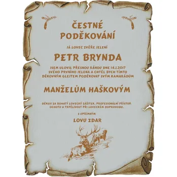 Čestné poděkování myslivec č.747 - Čestné poděkování myslivec pergamen z překližky