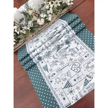 Vánoční dekorace Běhoun vánoční - petrolejová vánoční vesnička na bílé v kombinaci s bílými puntíky na petrolejové