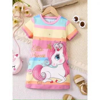 Dívčí šaty Unicorn (Jednorožci) Dívčí letní šaty s krátkým rukávem - Jednorožec (různé druhy, vel. od 3 do 14 let) Barva: CY--SMT-T-DXQ-179 proužek, Velikost: 110/5-6 let