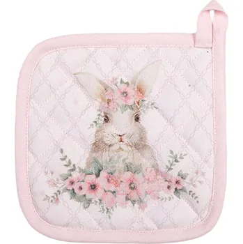 Kuchyňská zástěra Růžová bavlněná dětská chňapka/podložka se vzorem velikonočního zajíčka a květinového věnce Floral Easter Bunny – 16x16 cm