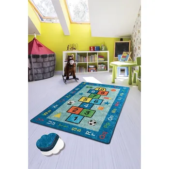 Koberec ASIR Dětský koberec(100 x 160 cm) SEKSEK modrý – písmenka a panák