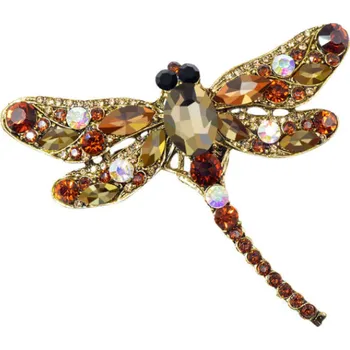 Brož Velká ozdobná brož kovová se zirkony Vážka - více barev Zlatá
