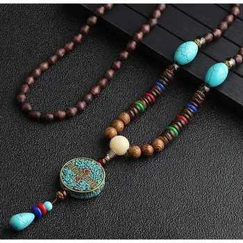Náhrdelník Nepálský náhrdelník medailon s dřevěnými korálky