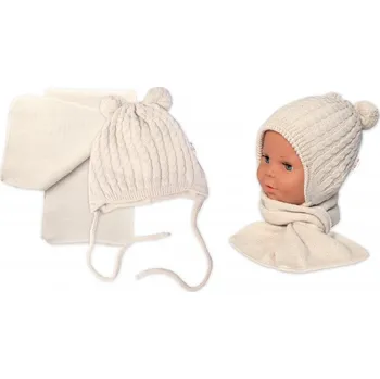 Módní doplněk Zimní čepice na zavazování s bambulky + šál, Baby Nellys - béžová, Velikost koj. oblečení 74-80 (9-12m)
