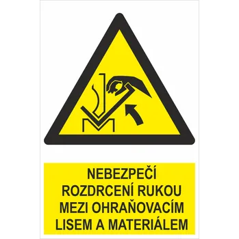 NEBEZPEČÍ Rozdrcení rukou mezi ohraňovacím lisem a materiálem - ISO 7010 samolepící PVC fólie 400 x 300 mm