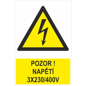 Pozor! Napětí 3x 230/400V samolepící vinylová fólie 300x200 mm