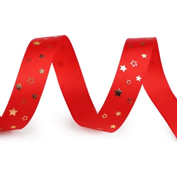Vánoční saténová stuha hvězdy šíře 15 mm, barva 2 červená zlatá
