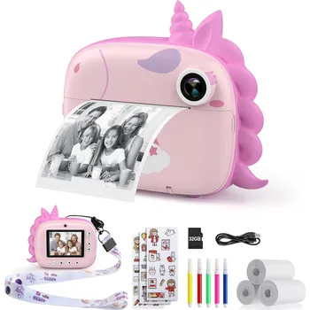 Digitální fotoaparát HiMont Dětský instantní fotoaparát s okamžitým tiskem - 20 Mpx, 1080p video, 32GB Jednorožec - Růžová
