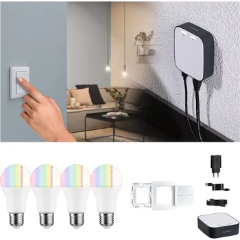 Lampička Paulmann Smart Home Set ZigBee 4x E27 9,3W LED matná RGBW - Nástěnný vypínač - šířka 8,1 cm, výška 8,1 cm, hloubka 1,5 cm; brána - délka 8,4 cm, šířka 7,2 cm, výška 2,6 cm - Doprava zdarma