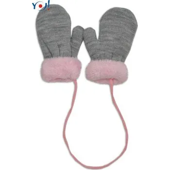 Rukavice YO! Zimní kojenecké rukavičky s kožíškem - se šňůrkou - šedé/růžový kožíšek YO Vel. 110