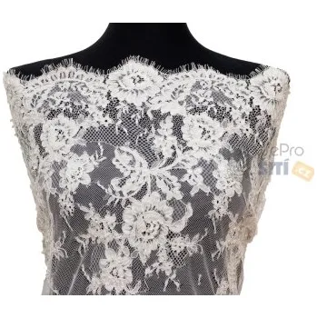 Metráž - krajka svatební SMETANOVÁ s korálky a šńůrkami LZ92459002 - látka na svatební a společenské šaty - Smetanová, 130 cm