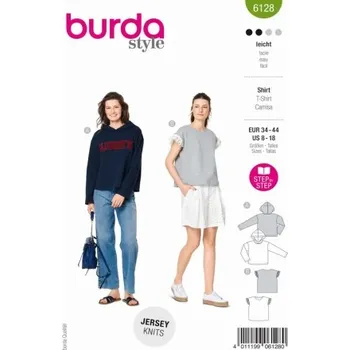 Volný čas Střih na dámskou mikinu s kapucí a halenku Burda 6128 -