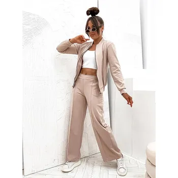 Světle béžový dámský komplet - mikina bomberka a široké kalhoty (82105) odstíny béžové XL (42)