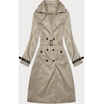 Dámský kabát Tmavě béžový dlouhý dámský kabát trenčkot s opaskem (1803#-5) odstíny béžové XL (42)