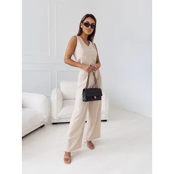 Elegantní béžový dámský komplet - krátká vesta a široké kalhoty (VE90) odstíny béžové XL (42)