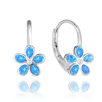 Náušnice Dívčí stříbrné náušnice - třpytivé kytičky s modrými opály a zirkonem