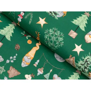 Bavlněná látka/plátno Sandra SA-508 Vánoční skřítci a ozdoby na zeleném - šířka 160 cm