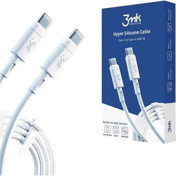 Pouzdro na mobilní telefon 3mk datový kabel - Hyper Silicone Cable Type-C to Type-C 60W 3A, bílá