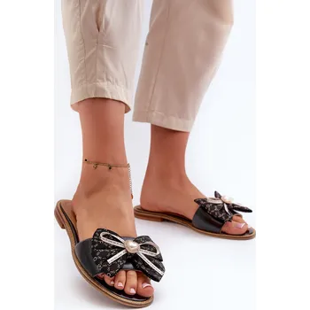 Dámské pantofle Ploché Dámské Kožené Žabky S Mašlí Laura Messi 2791 Barva: Černá, Velikost: 37