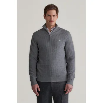 Pánské oblečení SVETR GANT COTTON TEXTURED HALF ZIP DARK GREY MELANGE