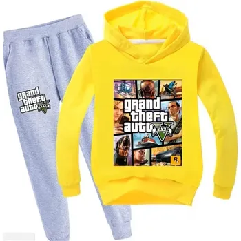 Pohodlná tepláková souprava s potiskem GTA 5 (Grand Theft Auto V) - 12 barevných variant Barva: 12 (šedé kalhoty + žlutá mikina), Velikost: 100 (3-4 roky)