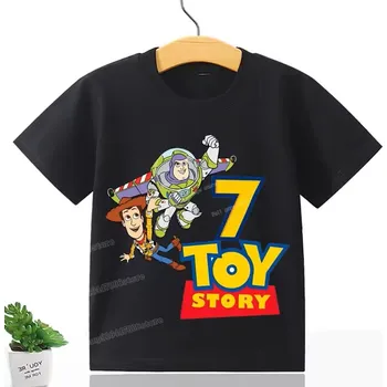Disney Dětské narozeninové tričko s potiskem Toy Story s číslovkou, černé Číslovka: 7, Velikost: 110 CM