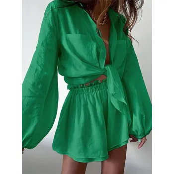 Dámský letní set boho 2v1 košile + šortky Barva: Zelená, Velikost: M