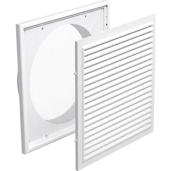 Větrací mřížka Dalap GP 250/150 FN PVC větrací mřížka se síťkou, pevnou žaluzií 250x250 mm a přírubou Ø 150 mm, bílá