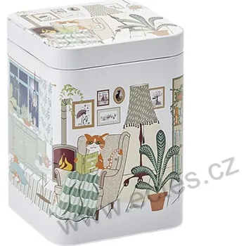 Dóza na potraviny ChaCult OSKAR plechová dóza na čaj 3392 kocour v křesle u krbu a knihovny
