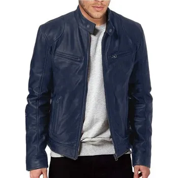 Moto bunda Pánská motorkářská kožená bunda s límečkem na druk Barva: Tmavě Modrá, Velikost: M