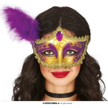Karnevalový doplněk Guirca Zlatofialová škraboška s peřím