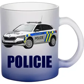 POLICIE Š.k.o.d.a. S.c.a.l.a. skleněný hrneček (hrneček s policejním autem matné sklo )