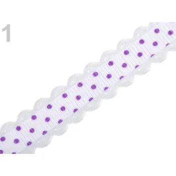 Stuha Dekorační stuha rypsová bílá s fialovými puntíky 15mm - 1m