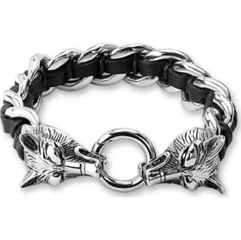Náramek Pletený náramek z chirurgické oceli a kůže Vlčí hlava