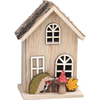 Vánoční dekorace ANDĚL Dřevěný domeček s ježečkem 9 x 7 x 12,5 cm