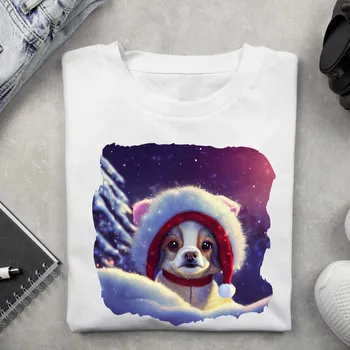 Dámské tričko - Vánoční motiv pejsek s čepicí Barva: Bílá, Velikost: 2XL