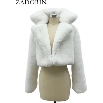 Dámský kožich Crop kožíšek dámská krátká bunda plyš s límcem Barva: Bílá, Velikost: 2XL