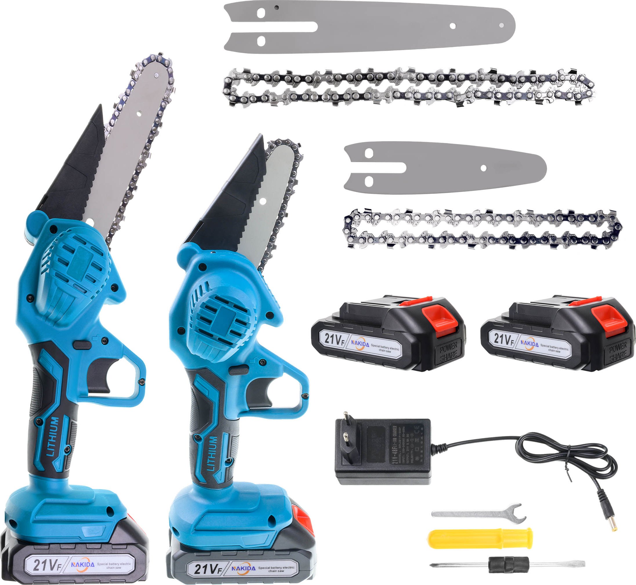 Nakida Aku řetězová pila ruční 185 mm, 6'' – 2x lišta –2 ks aku