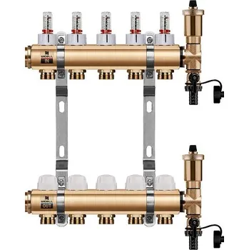 rozdělovač topení Wigell Podlahový rozdělovač WIGELL, 5 okruhů, mosazný + automatické odvzdušňování