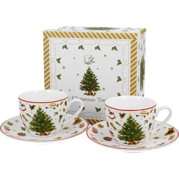 DUO Gifts DG - Vánoční porcelanové šálky s podšálkem na espresso CHRISTMAS TREE v dárkovém balení 2 ks - 110 ml