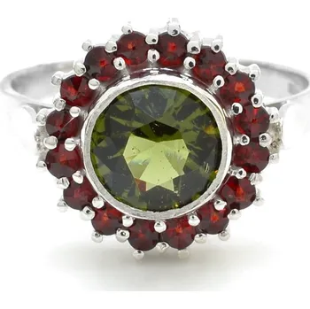 Prsten Stříbrný prsten český granát/vltavín Finella - 51, Rhodiování