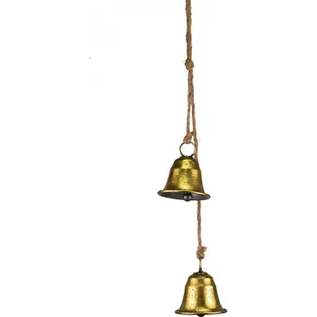 Vánoční dekorace Dva zlaté kovové zvonky na jutovém provaze 8x7,3x50 cm