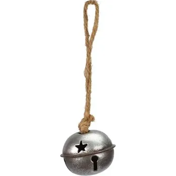 Kovová rolnička stříbrná s patinou na jutovém provaze 4x5x15 cm