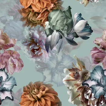 Velurové potahové látky s potiskem, Květiny na bledě Mentolovém