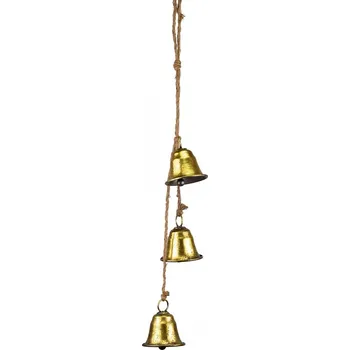 Vánoční dekorace Tři zlaté kovové zvonky na jutovém provaze 8x7,3x63 cm