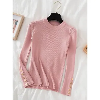 Dámský svetr Žebrovaný svetr se zlatými knoflíky Barva: Růžová, Velikost: ONE SIZE