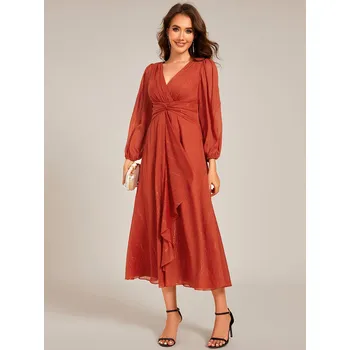 Dámské oblečení Lesklé šifonové svatební šaty s dlouhým rukávem Barva: Oranžová, Velikost: L