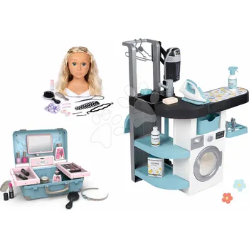 Dětské zboží Set prádelna s pračkou s předním plněním a česací hlava s blond vlasy Wash&Clean Laundry Smoby s kosmetickým kufříkem a elektronický vysavač se zvukem